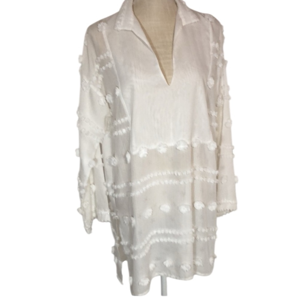 Ruti floral oversized long sleeve pompom tunic white S/M